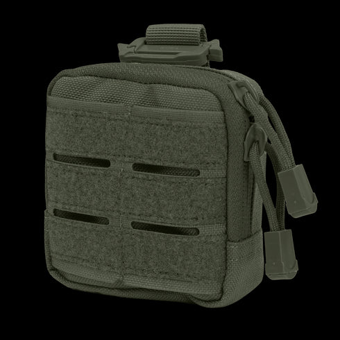 The Condor Dip Pouch is a small green tactical pouch featuring two front hook-and-loop panels, horizontal laser-cut slits, dual zipper pulls, and a top strap for secure attachment—ideal for military or first responders.